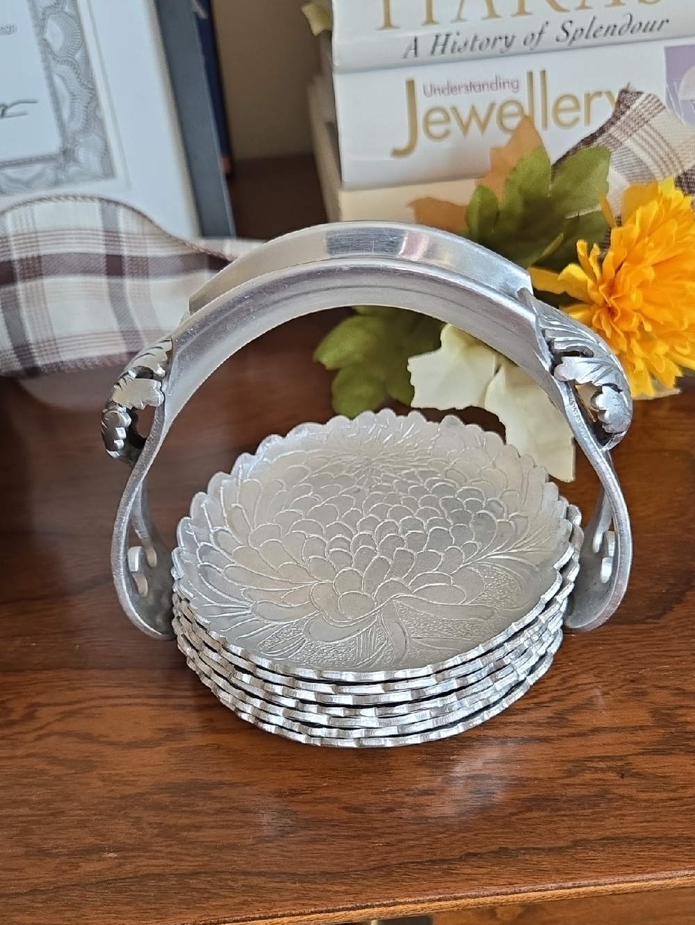 Vintage Trade Continental hand wrought Aluminum Coasters & Caddy Set